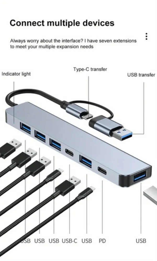 7 Ports USB 3.0 2.0 Type C HUB Expander Splitter High Speed OTG Adapter Docking Station For Laptop PC Hard Drive Mouse Keyboard