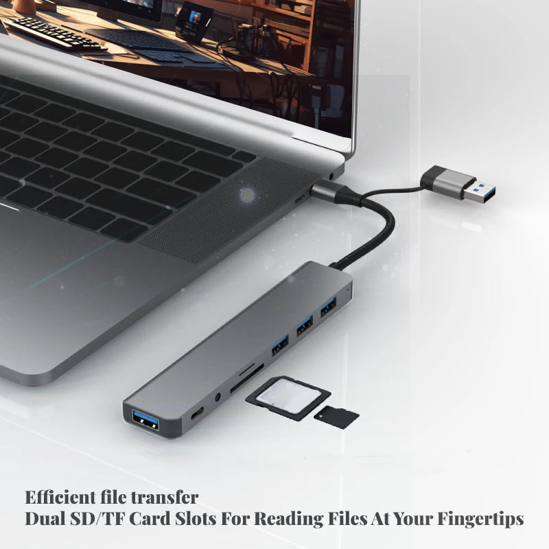 8 in 2 USB Type C USB 3.0 HUB Docking Station with 3.5mm Jack Audio Adapter Micro SD/TF Card Reader for Macbook Laptop Tablet