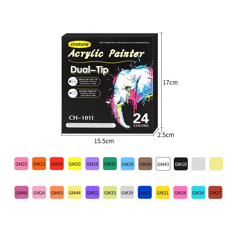 12/24/36 Colors Double Headed Acrylic Marker Waterproof Art Painting Supplies School Stationary Appliable for Fabric Wood Glass