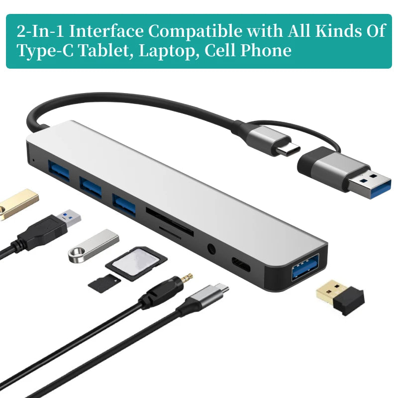 8 in 2 USB Type C USB 3.0 HUB Docking Station with 3.5mm Jack Audio Adapter Micro SD/TF Card Reader for Macbook Laptop Tablet