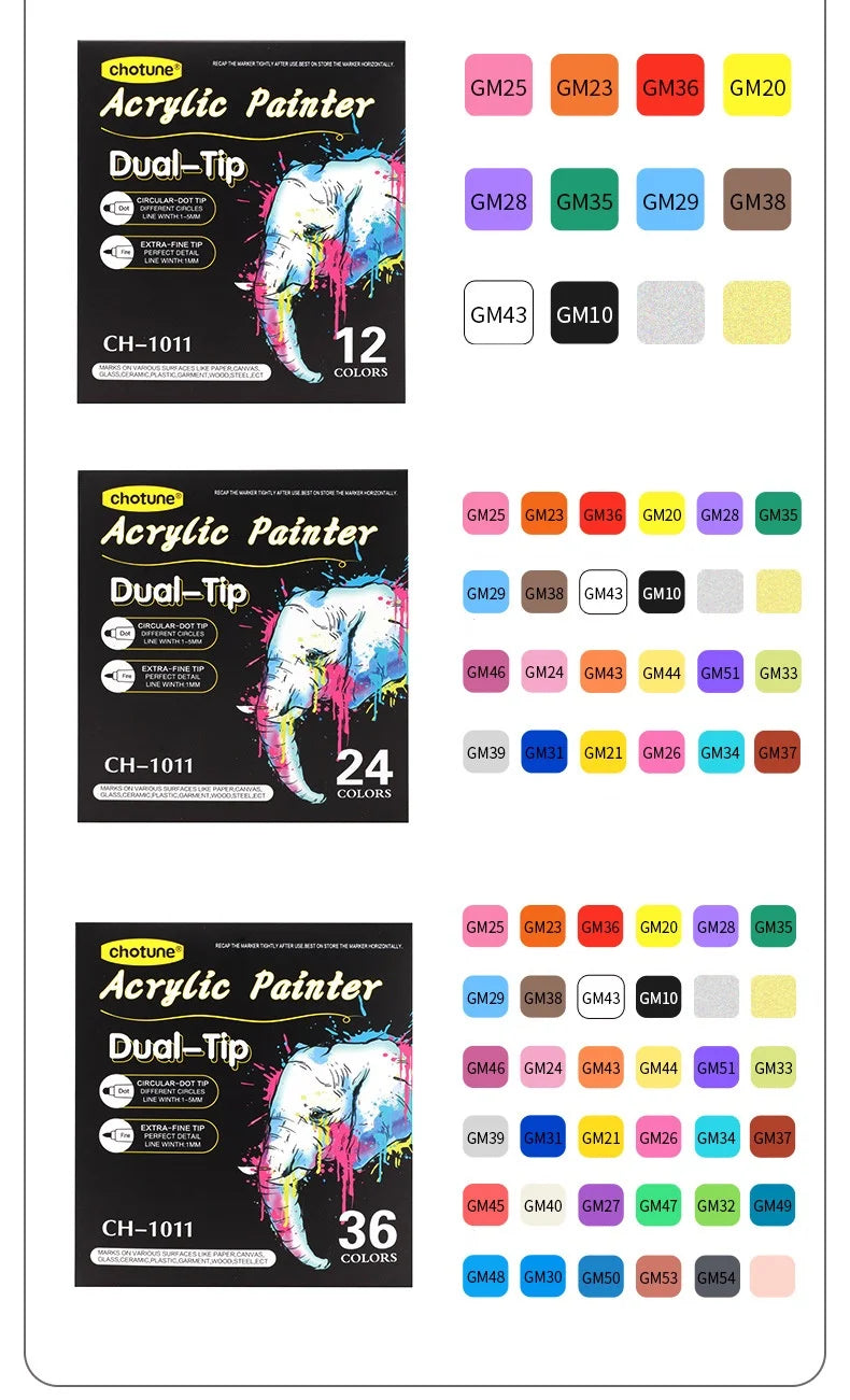 12/24/36 Colors Double Headed Acrylic Marker Waterproof Art Painting Supplies School Stationary Appliable for Fabric Wood Glass