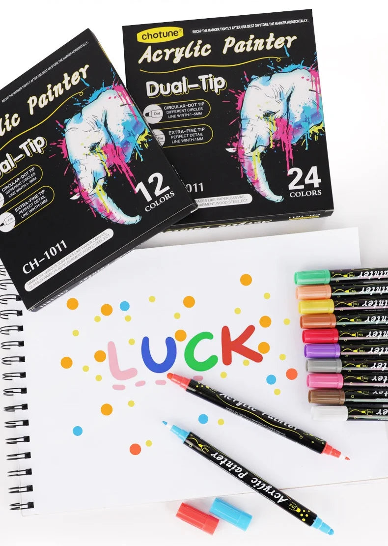 12/24/36 Colors Double Headed Acrylic Marker Waterproof Art Painting Supplies School Stationary Appliable for Fabric Wood Glass